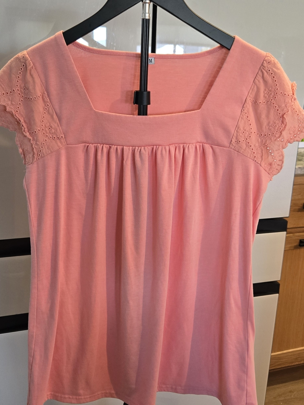 Salmon Colored Short Sleeve Top With Embroidered Sleeve Size Medium